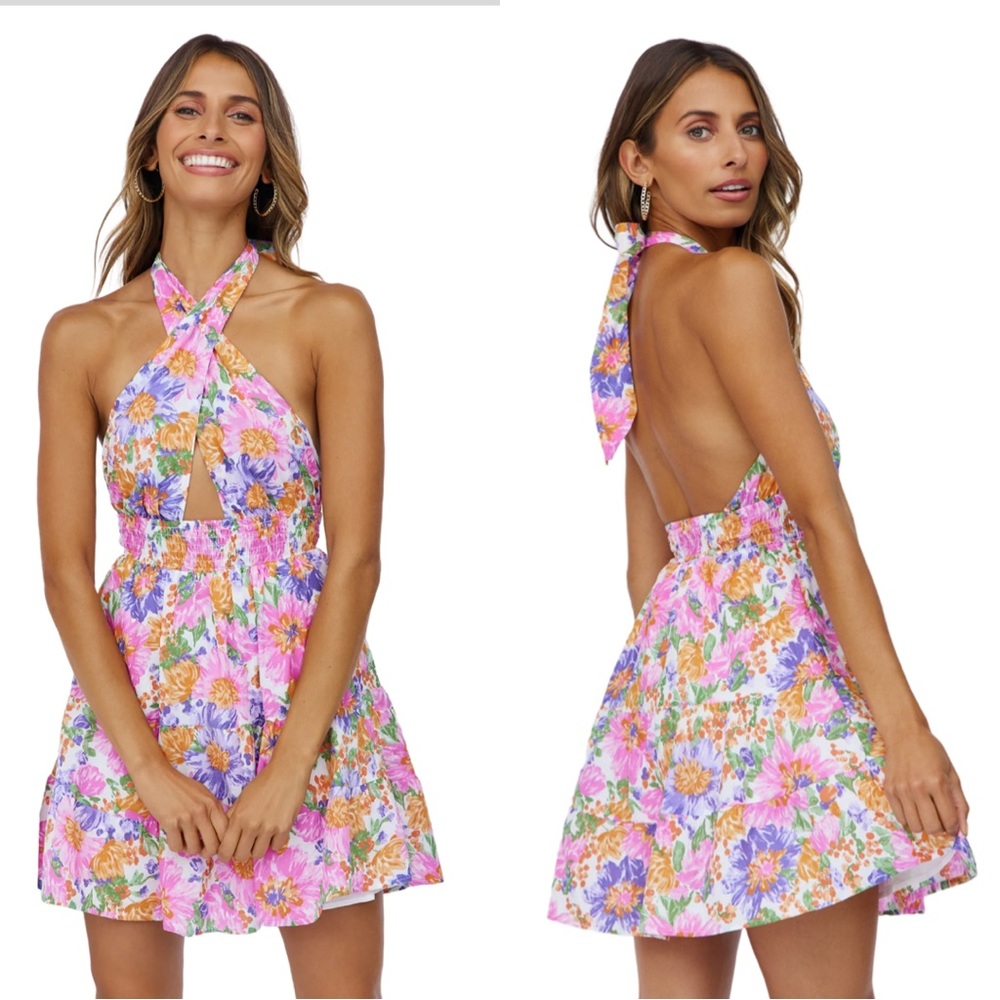 Hello Molly Floral Halter Mini Dress - Pink, Purple, Orange